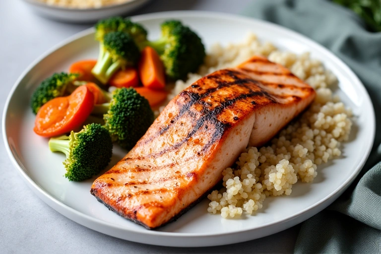 Assiette équilibrée avec du poisson, du quinoa et des légumes
