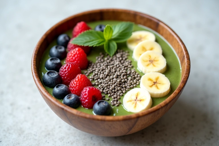 Bol de smoothie vert avec des fruits et des graines