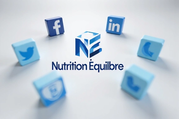 Icônes de médias sociaux flottant autour d'un logo Nutrition Équilibre, symbolisant la connectivité.