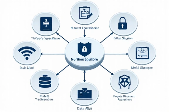 Abstract representation of data sharing between different entities, with lock icons for security