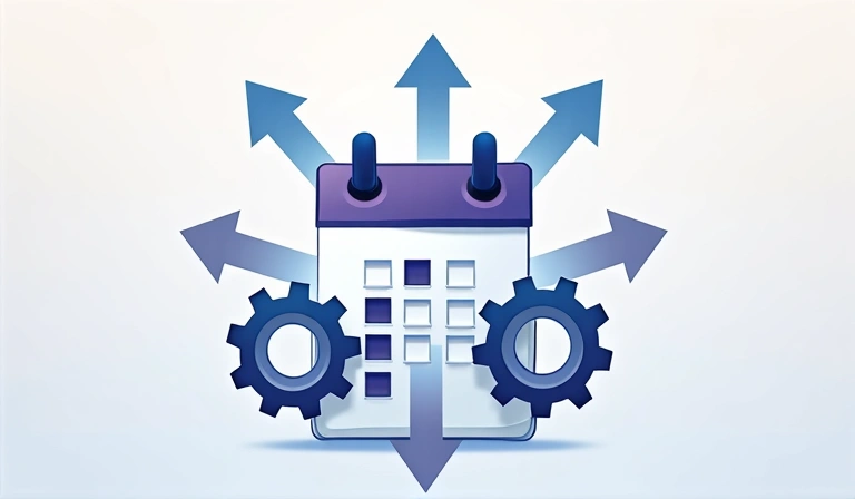 Calendar icon with gears and arrows, symbolizing policy updates and evolution