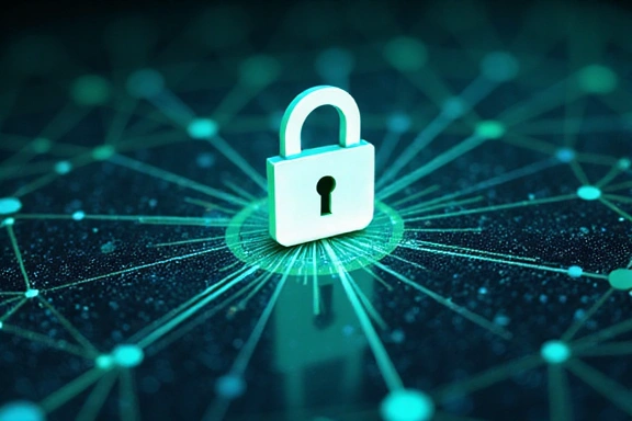 Digital padlock icon over a network, representing data security measures