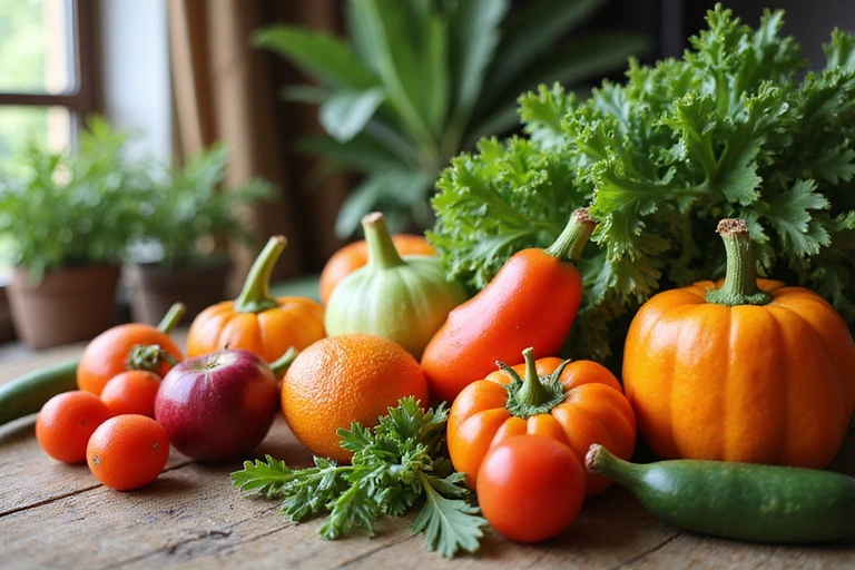 Légumes frais et colorés sur une table en bois, symbolisant une alimentation saine