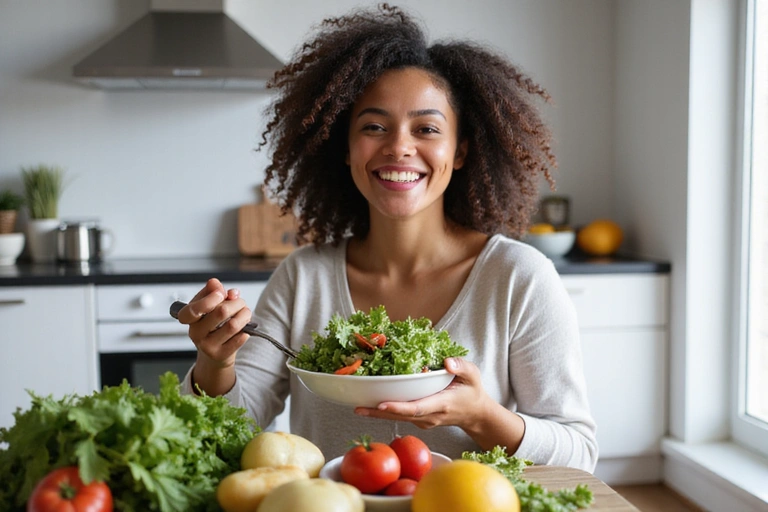 Une personne souriante mangeant une salade fraîche dans un environnement lumineux